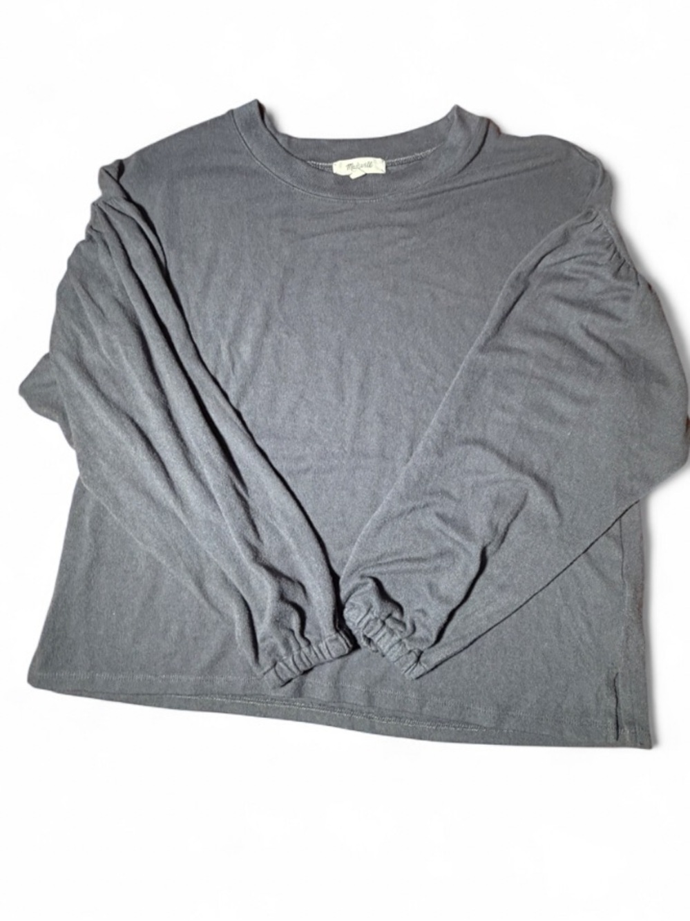 Madewell Dark Gray Crepe Bubble Sleeve Top | Relaxed Crewneck Blouse S